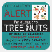 ティール（緑がかった色）の木のナッツフードアレルギー警告シール スクエアシール (正面)