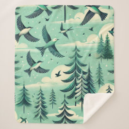 ティール（緑がかった色）の森と鳥のパターン シェルパブランケット