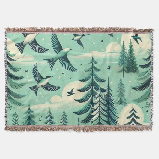 ティール（緑がかった色）の森と鳥のパターン スローブランケット (正面)