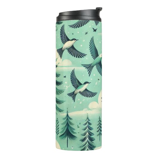 ティール（緑がかった色）の森と鳥のパターン タンブラー (回転左)