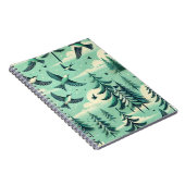 ティール（緑がかった色）の森と鳥のパターン ノートブック (右側)