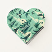 ティール（緑がかった色）の森と鳥のパターン ノートブック (裏面)