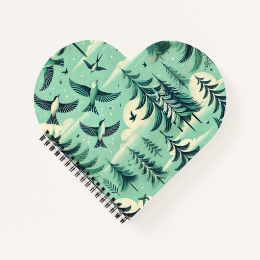 ティール（緑がかった色）の森と鳥のパターン ノートブック (正面)