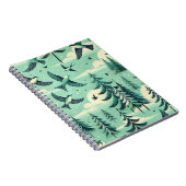 ティール（緑がかった色）の森と鳥のパターン ノートブック (右側)