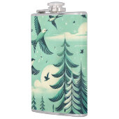 ティール（緑がかった色）の森と鳥のパターン フラスク (左)