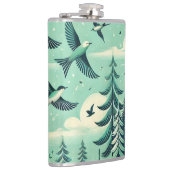 ティール（緑がかった色）の森と鳥のパターン フラスク (右)