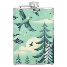 ティール（緑がかった色）の森と鳥のパターン フラスク