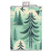 ティール（緑がかった色）の森と鳥のパターン フラスク (裏面)