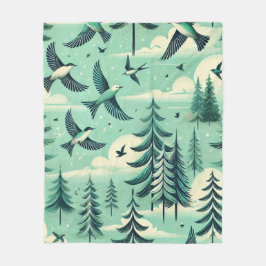 ティール(緑がかった色)の森と鳥のパターン フリースブランケット
