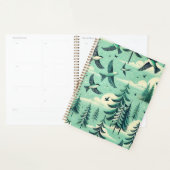 ティール（緑がかった色）の森と鳥のパターン プランナー手帳 (ディスプレー)