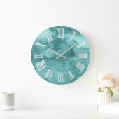 ティール(緑がかった色)の水のブルーグレーの銀のローマ数 ラージ壁時計 (ホーム)