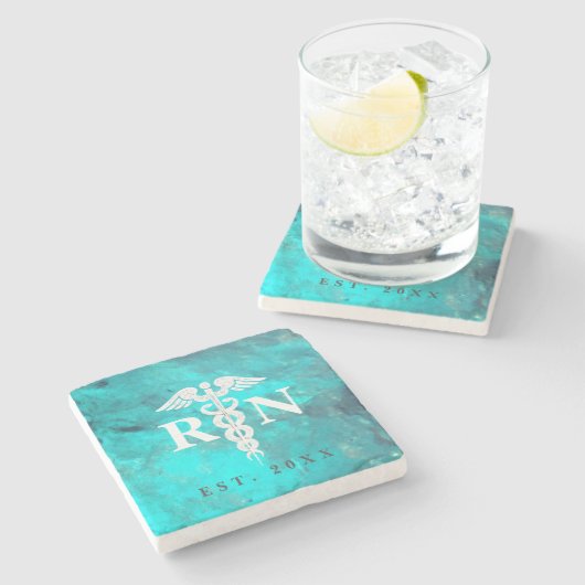 ティール（緑がかった色）の水の大理石の公認看護師のカスタム年 ストーンコースター (横)