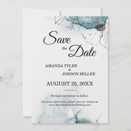 ティール(緑がかった色)の水の色のスケッチ結婚式の日付を保存 セーブザデート (正面)