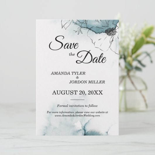 ティール(緑がかった色)の水の色のスケッチ結婚式の日付を保存 セーブザデート (スタンド正面)