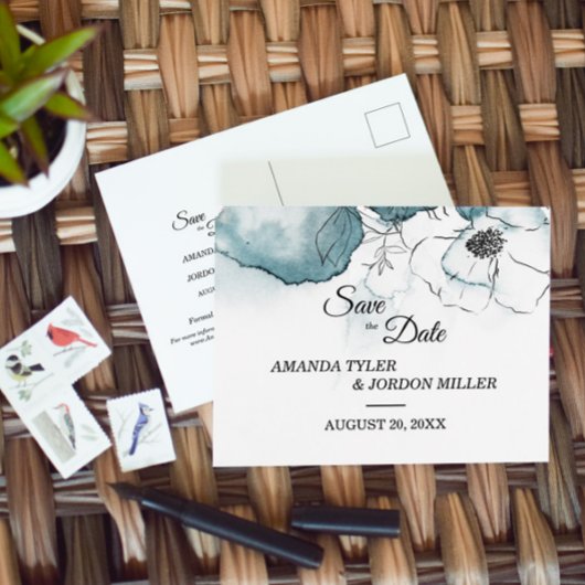 ティール（緑がかった色）の水の色のスケッチ結婚式の日付を保存 案内ポストカード