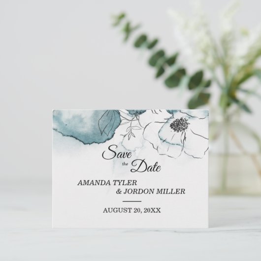 ティール（緑がかった色）の水の色のスケッチ結婚式の日付を保存 案内ポストカード (スタンド正面)