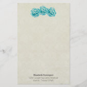 ティール（緑がかった色）の水の色のバラ色あせたタンダマスクパターン 便箋 (正面)