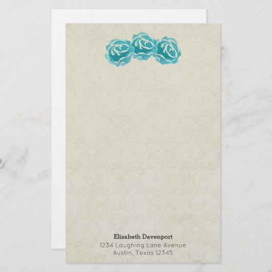 ティール(緑がかった色)の水の色のバラ色あせたタンダマスクパターン 便箋 (正面/裏面)