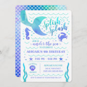 ティール（緑がかった色）の水の色の下ザシーマーメイド誕生日 招待状 (正面/裏面)