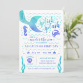 ティール(緑がかった色)の水の色の下ザシーマーメイド誕生日 招待状 (スタンド正面)