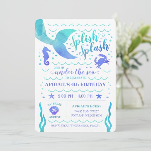 ティール（緑がかった色）の水の色の下ザシーマーメイド誕生日 招待状 (スタンド正面)