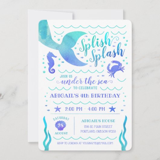 ティール（緑がかった色）の水の色の下ザシーマーメイド誕生日 招待状 (正面)
