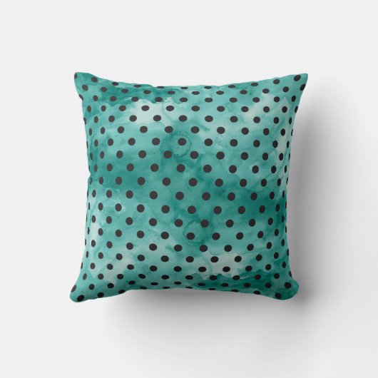 ティール（緑がかった色）の水彩画の水玉模様の枕 クッション (裏面)