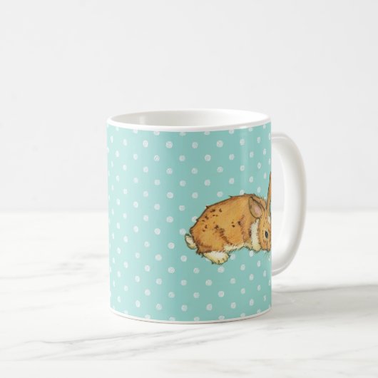 ティール(緑がかった色)の水玉模様の背景のベビーのバニー コーヒーマグカップ (正面右)