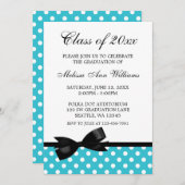 ティール(緑がかった色)の水玉模様の黒の弓卒業の発表 招待状 (正面/裏面)