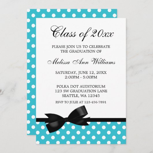 ティール(緑がかった色)の水玉模様の黒の弓卒業の発表 招待状 (正面/裏面)