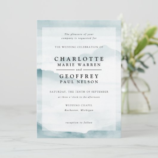 ティール（緑がかった色）の水色の霧状景観結婚式招待状 招待状 (スタンド正面)