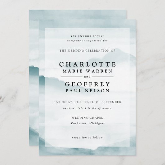 ティール(緑がかった色)の水色の霧状景観結婚式招待状 招待状 (正面/裏面)