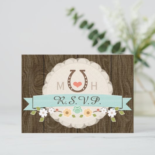 ティール(緑がかった色)の水蹄鉄の西部の結婚RSVPのカード 出欠カード (スタンド正面)