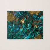 ティール(緑がかった色)の油の流出および金ゴールドの水晶 ジグソーパズル (横)