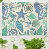 ティール(緑がかった色)の海洋動物パターン キッチンタオル (折り畳み)