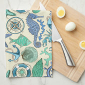 ティール(緑がかった色)の海洋動物パターン キッチンタオル (四つ折り)