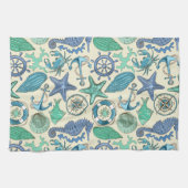 ティール(緑がかった色)の海洋動物パターン キッチンタオル (横)