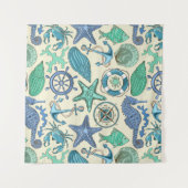 ティール（緑がかった色）の海洋動物パターン タペストリー (正面(横))