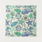 ティール（緑がかった色）の海洋動物パターン タペストリー (正面)
