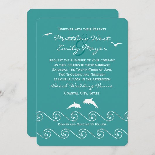 ティール(緑がかった色)の海洋波の結婚式招待状 招待状 (正面/裏面)