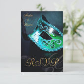 ティール(緑がかった色)の渦巻の仮面舞踏会のマスクRSVPの招待状 出欠カード (スタンド正面)