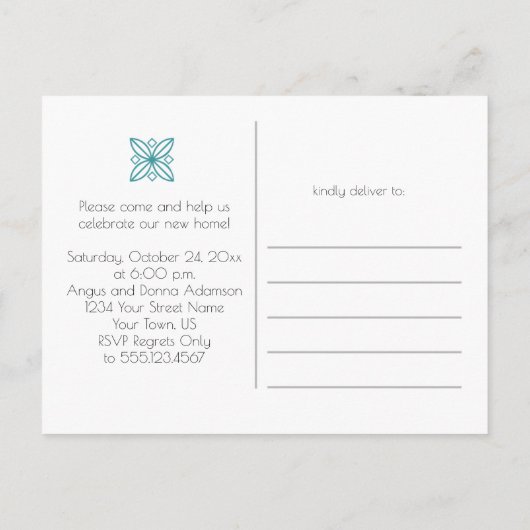 ティール（緑がかった色）の灰色の家の甘い家の引っ越し祝いパーティーのパーティー| インビテーションポストカード (裏面)
