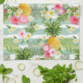 ティール(緑がかった色)の熱帯花及びパイナップルは縞で飾ります キッチンタオル (折り畳み)