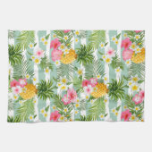 ティール(緑がかった色)の熱帯花及びパイナップルは縞で飾ります キッチンタオル (横)