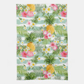 ティール(緑がかった色)の熱帯花及びパイナップルは縞で飾ります キッチンタオル (縦)