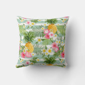 ティール(緑がかった色)の熱帯花及びパイナップルは縞で飾ります クッション (裏面)