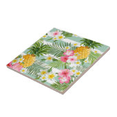 ティール（緑がかった色）の熱帯花及びパイナップルは縞で飾ります タイル (側面)