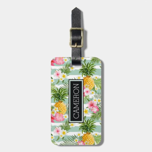 ティール（緑がかった色）の熱帯花及びパイナップルは縞で飾ります ラゲッジタグ (正面縦)