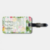 ティール（緑がかった色）の熱帯花及びパイナップルは縞で飾ります ラゲッジタグ (裏面横)