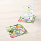 ティール（緑がかった色）の熱帯花及びパイナップルは2つを縞で飾ります スクエアペーパーコースター (インサイチュ)